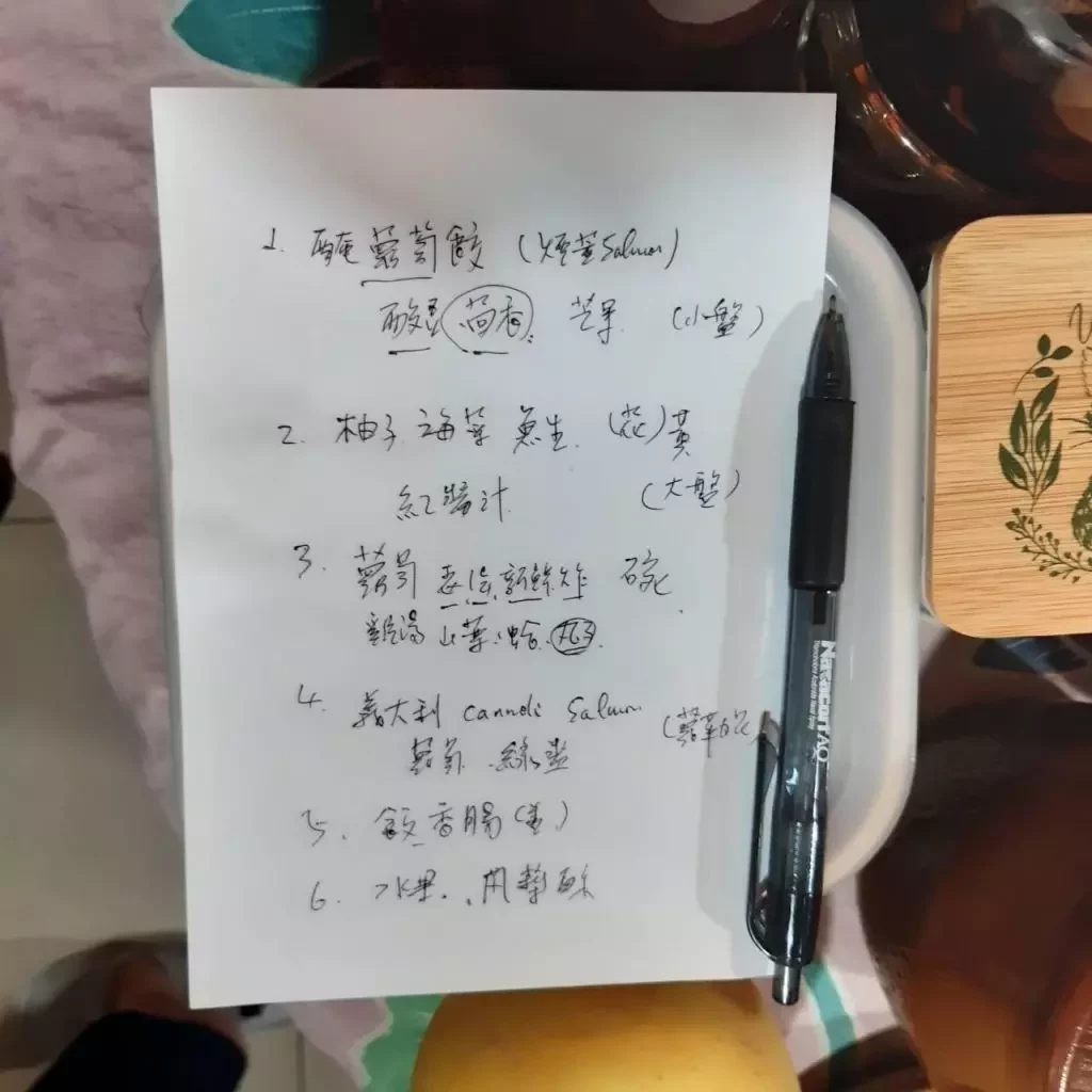 圖/賴向榮醫師的手寫午宴菜單。