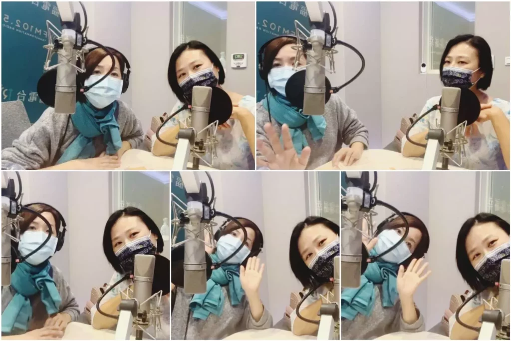 圖／正在對全豆樂創辦人鄧琇文女士手機直撥鏡頭招呼的兩人：《幸福有方》主持人何方女士（左）與鄧琇文老師（右）。